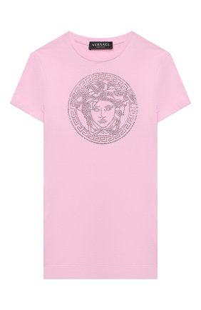 Детское хлопковое платье-футболка VERSACE розового цвета по цене 19100 руб., арт. 1000319/1A01421/4A-6A | Фото 1 Детское хлопковое платье-футболка VERSACE розового цвета, арт. 1000319/1A01421/4A-6A | Фото 1 (Рукава: Короткие; Материал внешний: Хлопок; Ростовка одежда: 4 года | 104 см, 6 лет | 116 см)