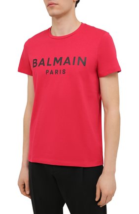 Мужская хлопковая футболка BALMAIN красного цвета, арт. XH1EF000/BB23 | Фото 3 (Рукава: Короткие; Длина (для топов): Стандартные; Принт: С принтом; Материал внешний: Хлопок; Стили: Кэжуэл)