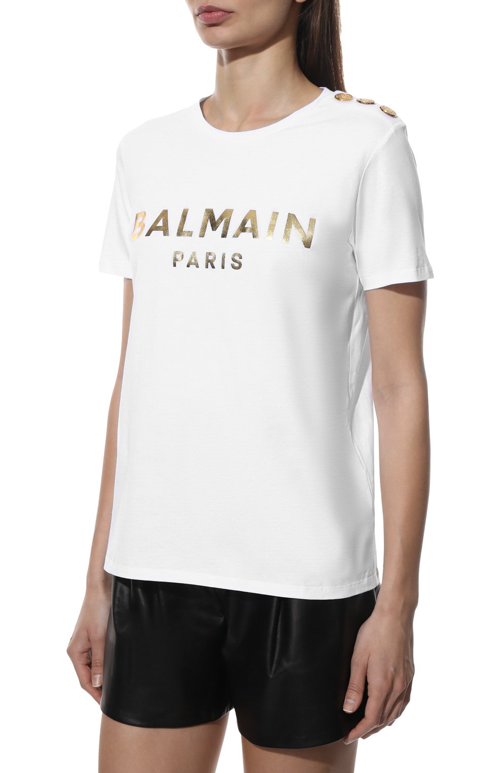 Женская хлопковая футболка BALMAIN белого цвета, арт. XF1EF005/BB28 | Фото 3 (Рукава: Короткие; Длина (для топов): Стандартные; �Принт: С принтом; Материал внешний: Хлопок; Стили: Спорт-шик; Женское Кросс-КТ: Футболка-одежда)