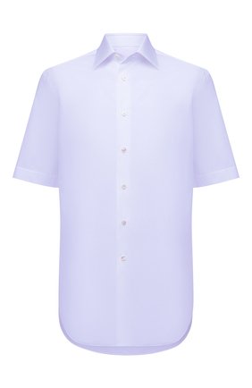 Мужская хлопковая рубашка BRIONI светло-голубого цвета, арт. RCMA0M/PZ005 | Фото 1 (Рукава: Короткие; Длина (для топов): Стандартные; Материал внешний: Хлопок; Случай: Повседневный; Принт: Однотонные; Рубашки М: Regular Fit; Воротник: Кент; Стили: Классический)