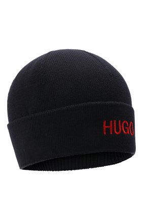 Мужская хлопковая шапка HUGO темно-синего цвета, арт. 50471257 | Фото 1 (Материал: Текстиль, Хлопок; Кросс-КТ: Трикотаж)