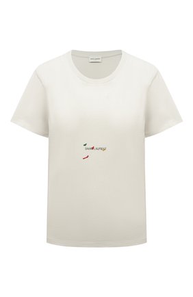 Женская хлопковая футболка SAINT LAURENT белого цвета, арт. 686229/Y36QP | Фото 1 (Рукава: Короткие; Длина (для топов): Стандартные; Материал внешний: Хлопок; Женское Кросс-КТ: Футболка-одежда; Принт: С принтом; Стили: Романтичный)
