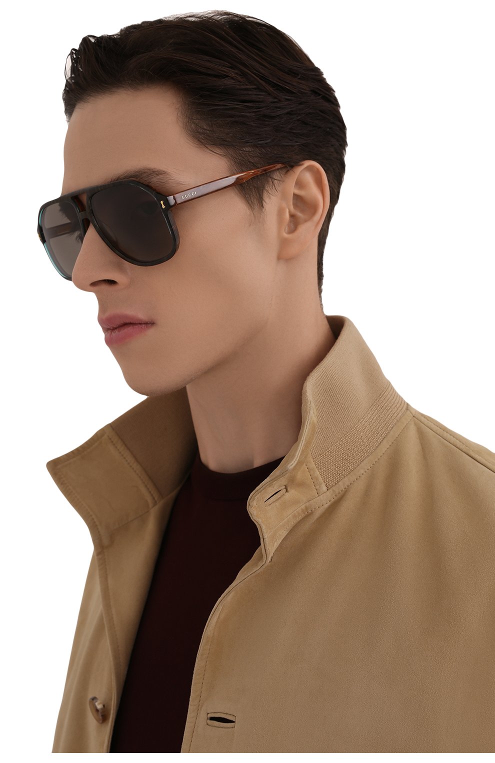 Мужские солнцезащитные очки GUCCI коричневого цвета, арт. GG1042S 003 | Фото 2 (Кросс-КТ: С/з-мужское; Тип очков: С/з; Очки форма: Авиаторы; Оптика Гендер: оптика-мужское)