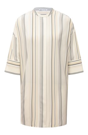 Женская шелковая рубашка LORO PIANA кремвого цвета, арт. FAM3508 | Фото 1 (Длина (для топов): Удлиненные; Рукава: 3/4; Материал внешний: Шелк; Стили: Кэжуэл; Принт: Полоска; Женское Кросс-КТ: Рубашка-одежда)