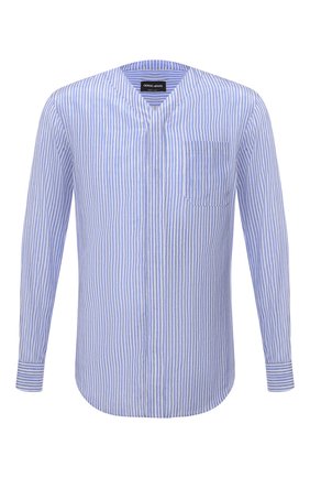 Мужская рубашка из шелка и хлопка GIORGIO ARMANI синего цвета по цене 83900 руб., арт. 2SGCCZ89/TZA53 | Фото 1 Мужская рубашка из шелка и хлопка GIORGIO ARMANI синего цвета, арт. 2SGCCZ89/TZA53 | Фото 1 (Материал внешний: Хлопок, Шелк; Рукава: Длинные; Длина (для топов): Стандартные; Случай: Повседневный; Манжеты: На пуговицах; Воротник: Открытый ворот; Принт: Полоска; Стили: Кэжуэл)