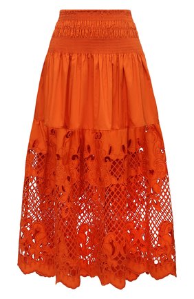 Женская хлопковая юбка SELF-PORTRAIT оранжевого цвета, арт. RS22-152S | Фото 1 (Длина Ж (юбки, платья, шорты): Миди; Материал внешний: Хлопок; Стили: Романтичный; Женское Кросс-КТ: Юбка-одежда)