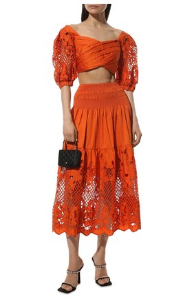 Женская хлопковая юбка SELF-PORTRAIT оранжевого цвета, арт. RS22-152S | Фото 2 (Длина Ж (юбки, платья, шорты): Миди; Материал внешний: Хлопок; Стили: Романтичный; Женское Кросс-КТ: Юбка-одежда)
