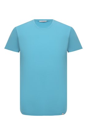 Мужская хлопковая футболка ORLEBAR BROWN голубого цвета, арт. 274739 | Фото 1 (Длина (для топов): Стандартные; Рукава: Короткие; Материал внешний: Хлопок; Принт: Без принта; Стили: Кэжуэл; Мужское Кросс-КТ: Футболка-пляж)