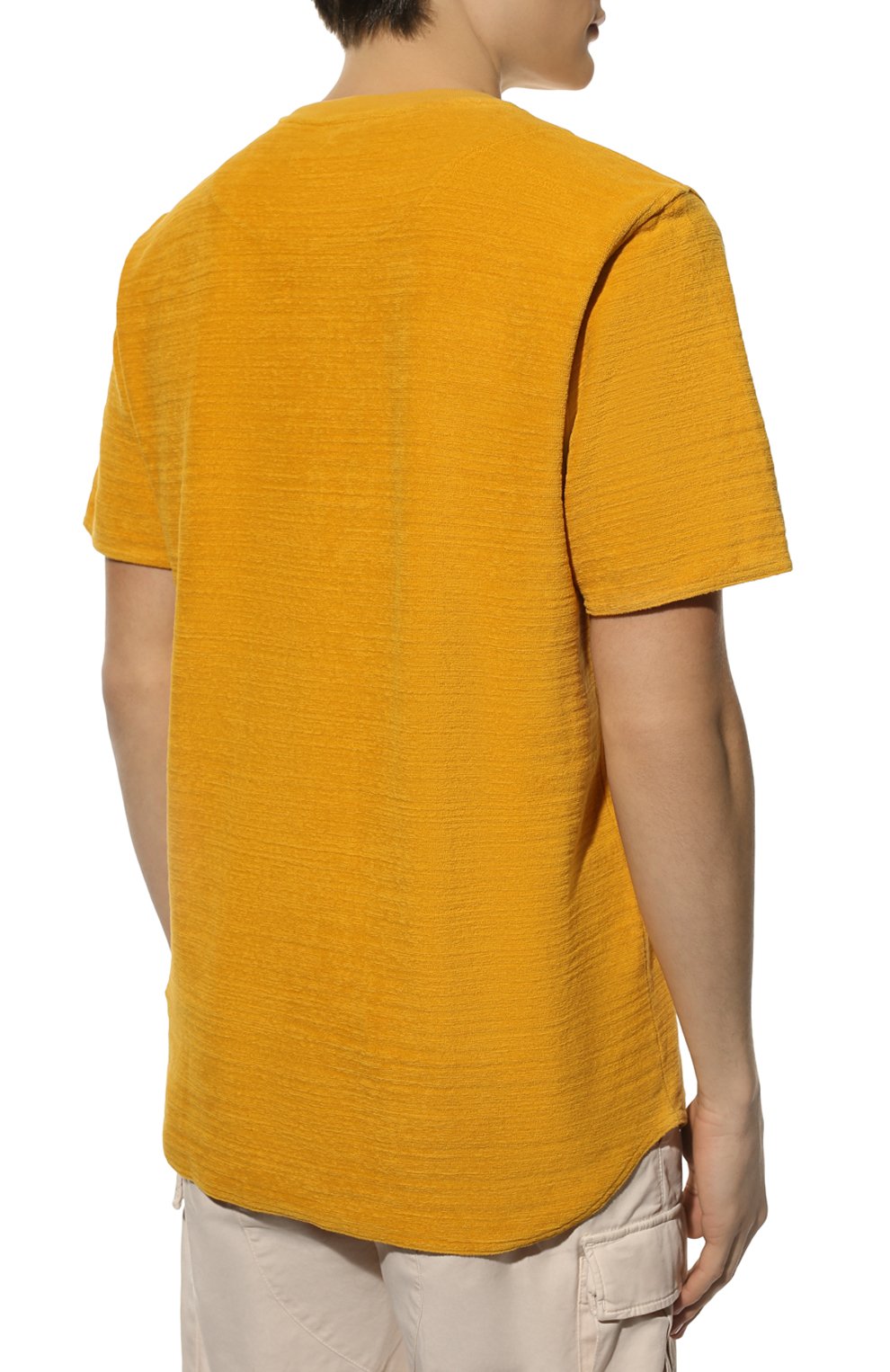 Мужская хлопковая футболка ORLEBAR BROWN желтого цвета, арт. 274715 | Фото 4 (Мужское Кросс-КТ: Футболка-пляж; Принт: Без принта; Рукава: Короткие; Длина (для топов): Удлиненные; Материал внешний: Хлопок; Стили: Кэжуэл)