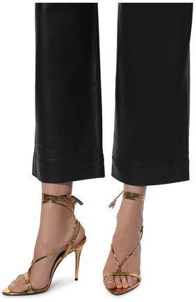 Женские кожаные босоножки TOM FORD золотого цвета, арт. W3005T-LCL224 | Фото 3 (Каблук высота: Высокий; Материал внешний: Кожа; Материал внутренний: Натуральная кожа; Каблук тип: Шпилька; Подошва: Плоская)