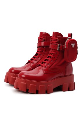 Женские кожаные ботинки PRADA красного цвета, арт. 1T255M-3LJS-F0D56-B055 | Фото 1 (Подошва: Платформа; Каблук высота: Средний; Материал внешний: Кожа; Материал утеплителя: Без утеплителя; Женское Кросс-КТ: Байкеры-ботинки)