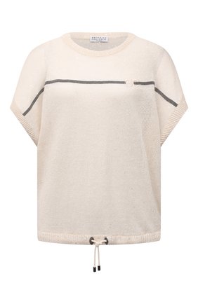 Женский пуловер изо льна и шелка BRUNELLO CUCINELLI кремвого цвета, арт. M10555210 | Фото 1 (Материал внешний: Лен; Рукава: Короткие; Длина (для топов): Стандартные; Стили: Кэжуэл; Женское Кросс-КТ: Пуловер-одежда)