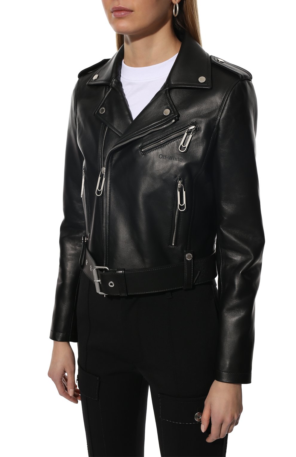 Женская кожаная куртка OFF-WHITE черного цвета, арт. 0WJG002C99LEA001 | Фото 3 (Кросс-КТ: Куртка; Рукава: Длинные; Стили: Гранж; Материал внешний: Натуральная кожа; Женское Кросс-КТ: Замша и кожа; Длина (верхняя одежда): Короткие; Материал подклада: Вискоза)