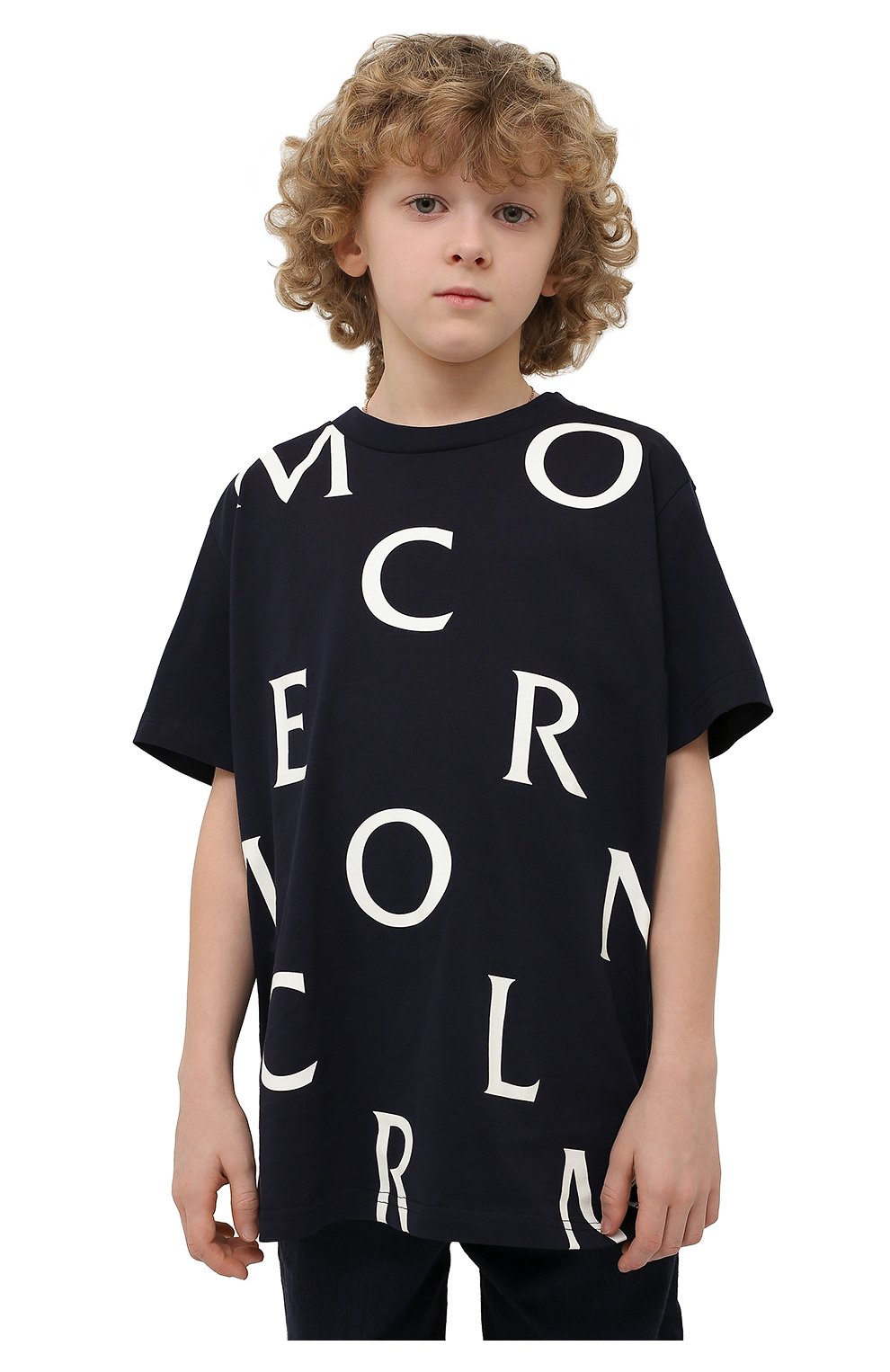 Детская хлопковая футболка MONCLER темно-синего цвета, арт. H1-954-8C000-12-83907/12-14A | Фото 3 (Рукава: Короткие; Материал внешний: Хлопок; Мальчики Кросс-КТ: Футболка-одежда)