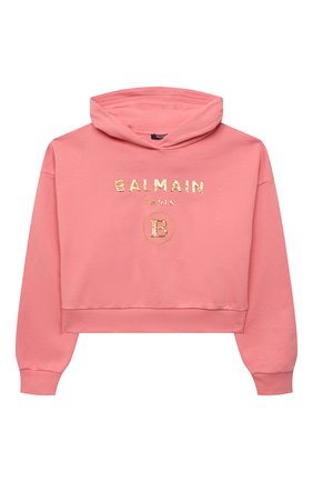 Детский укороченное худи BALMAIN кораллового цвета по цене 39100 руб., арт. 6Q4100 | Фото 1 Детский укороченное худи BALMAIN кораллового цвета, арт. 6Q4100 | Фото 1 (Рукава: Длинные; Материал внешний: Хлопок; Девочки Кросс-КТ: Худи-одежда; Ростовка одежда: 10 - 11 лет | 140 - 146см, 12 лет | 152 см, 13 - 15 лет | 158 см, 16 лет | 164 см, 8 лет | 128 см)