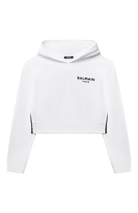 Детский укороченное худи BALMAIN белого цвета по цене 29950 руб., арт. 6Q4030 | Фото 1 Детский укороченное худи BALMAIN белого цвета, арт. 6Q4030 | Фото 1 (Материал внешний: Хлопок; Рукава: Длинные; Девочки Кросс-КТ: Худи-одежда; Ростовка одежда: 10 - 11 лет | 140 - 146см, 12 лет | 152 см, 13 - 15 лет | 158 см, 16 лет | 164 см, 8 лет | 128 см)
