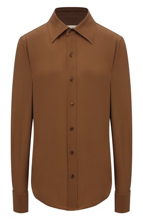 Женская шелковая рубашка SAINT LAURENT коричневого цвета, арт. 690774/Y100W | Фото 1 (Длина (для топов): Стандартные; Рукава: Длинные; Материал внешний: Шелк; Стили: Гламурный, Классический; Принт: Без принта; Женское Кросс-КТ: Рубашка-одежда; Региональные ограничения белый список (Axapta Mercury): RU)