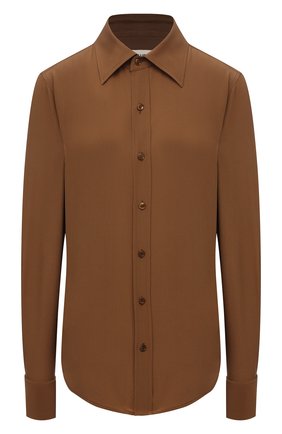Женская шелковая рубашка SAINT LAURENT коричневого цвета по цене 96050 руб., арт. 690774/Y100W | Фото 1 Женская шелковая рубашка SAINT LAURENT коричневого цвета, арт. 690774/Y100W | Фото 1 (Длина (для топов): Стандартные; Рукава: Длинные; Материал внешний: Шелк; Стили: Гламурный, Классический; Принт: Без принта; Женское Кросс-КТ: Рубашка-одежда; Региональные ограничения белый список (Axapta Mercury): RU)