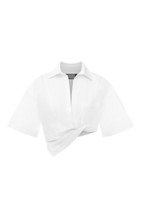 Женская хлопковая рубашка JACQUEMUS белого цвета, арт. 211SH008-1012 | Фото 1 (Длина (для топов): Укороченные; Рукава: 3/4; Материал внешний: Хлопок; Женское Кросс-КТ: Рубашка-одежда; Принт: Без принта; Стили: Романтичный; Региональные ограничения белый список (Axapta Mercury): RU)