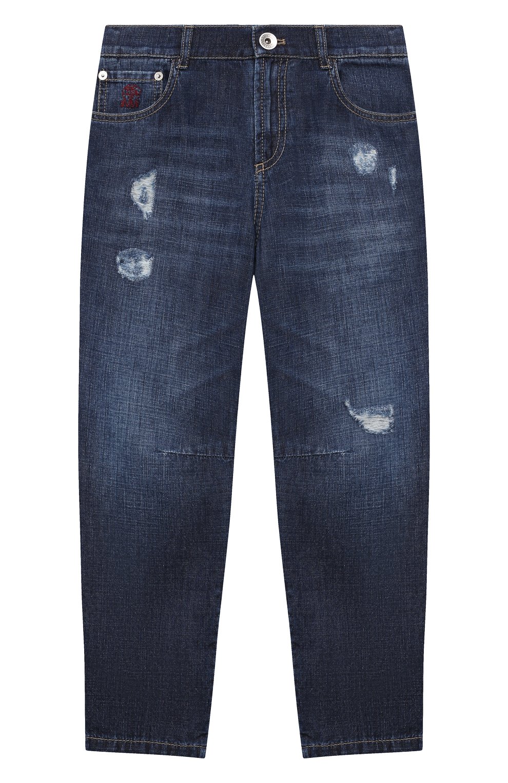 Детские джинсы BRUNELLO CUCINELLI темно-синего цвета, арт. BE645D304A | Фото 1 (Материал внешний: Хлопок; Детали: Потертости; Ростовка одежда: 4 года | 104 см, 6 лет | 116 см)