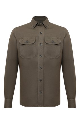 Мужская рубашка изо льна и хлопка TOM FORD хаки цвета по цене 57250 руб., арт. 3FT999/94UDAN | Фото 1 Мужская рубашка изо льна и хлопка TOM FORD хаки цвета, арт. 3FT999/94UDAN | Фото 1 (Воротник: Button down; Манжеты: На пуговицах; Принт: Однотонные; Стили: Милитари; Рукава: Длинные; Рубашки М: Regular Fit; Длина (для топов): Стандартные; Материал внешний: Хлопок, Лен; Случай: Повседневный)