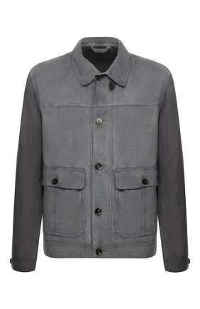 Мужская комбинированная куртка BRIONI серо-голубого цвета, арт. PLAI0L/P1702 | Фото 1 (Мужское Кросс-КТ: Кожа и замша; Кросс-КТ: Куртка; Материал подклада: Купро; Стили: Классический; Длина (верхняя одежда): Короткие; Материал внешний: Лен; Рукава: Длинные; Региональные ограничения белый список (Axapta Mercury): RU)