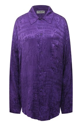 Женская шелковая рубашка BALENCIAGA фиолетового цвета, арт. 681631/TLN04 | Фото 1 (Длина (для топов): Удлиненные; Рукава: Длинные; Материал внешний: Шелк; Региональные ограничения белый список (Axapta Mercury): RU; Женское Кросс-КТ: Рубашка-одежда; Принт: С принтом; Стили: Романтичный)