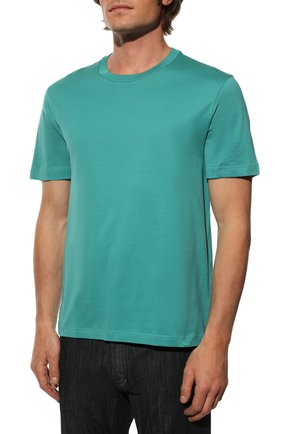 Мужская хлопковая футболка BRIONI бирюзового цвета, арт. UJLA0L/P1613 | Фото 3 (Принт: Без принта; Рукава: Короткие; Длина (для топов): Стандартные; Материал внешний: Хлопок; Стили: Кэжуэл)