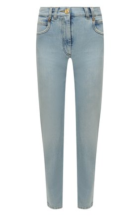 Женские джинсы BALMAIN голубого цвета, арт. XF1MF000/DB53 | Фото 1 (Длина (брюки, джинсы): Стандартные; Материал внешний: Хлопок, Деним; Кросс-КТ: Деним; Детали: Потертости; Силуэт Ж (брюки и джинсы): Узкие; Стили: Гранж)