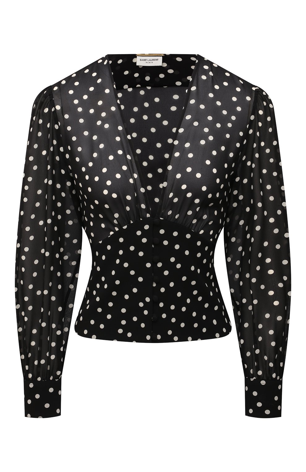 Женская шелковая блузка SAINT LAURENT черного цвета, арт. 689332/Y5B66 | Фото 1 (Материал внешний: Шелк; Рукава: Длинные; Длина (для топов): Стандартные; Принт: С принтом; Стили: Романтичный; Женское Кросс-КТ: Блуза-одежда)