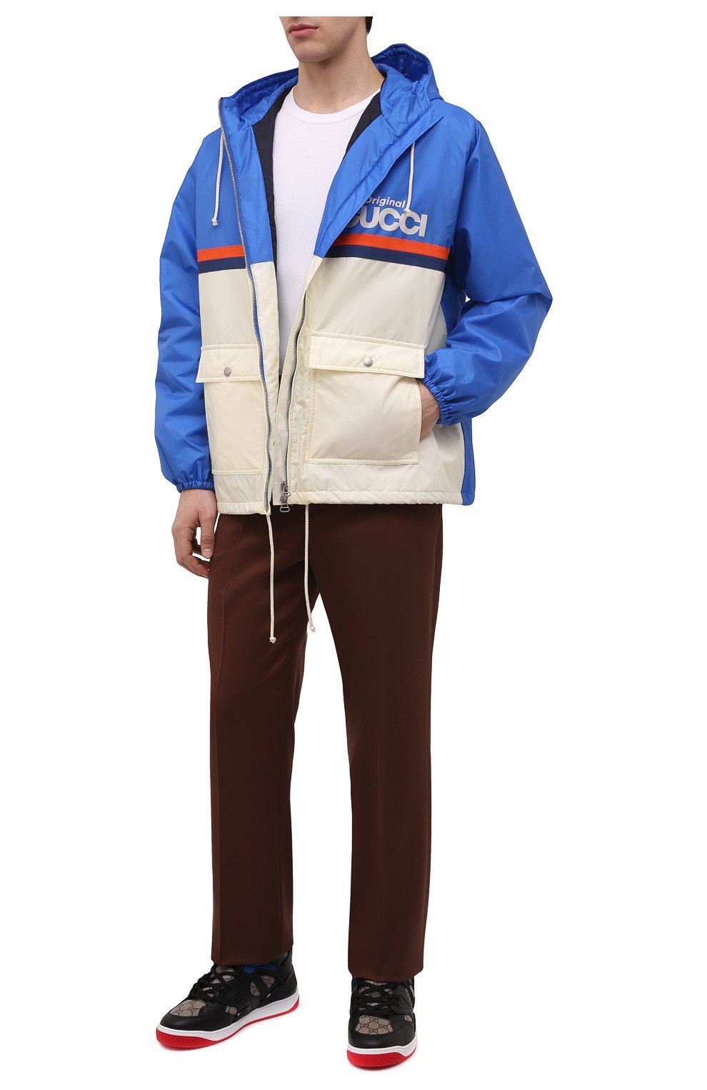 Мужская утепленная куртка GUCCI синего цвета, арт. 666551/ZAHXH | Фото 2 (Кросс-КТ: Куртка; Рукава: Длинные; Материал внешний: Синтетический материал; Мужское Кросс-КТ: утепленные куртки; Стили: Спорт-шик; Материал подклада: Синтетический материал; Длина (верхняя одежда): Короткие)