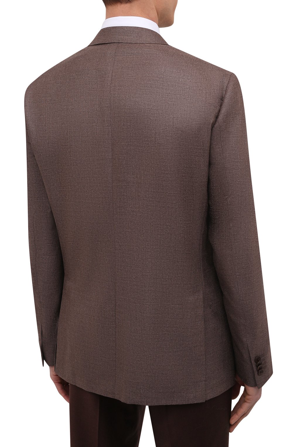 Мужской пиджак из шелка и шерсти CORNELIANI коричневого цвета, арт. 89XY75-2118288/90 | Фото 4 (Материал внешний: Шерсть, Шелк; Рукава: Длинные; Длина (для топов): Стандартные; Стили: Классический; Случай: Формальный; 1-2-бортные: Однобортные; Материал подклада: Вискоза; Пиджаки М: Приталенный)