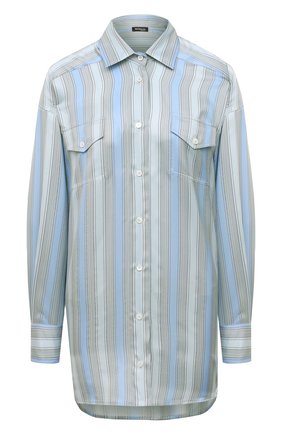 Женская шелковая рубашка KITON голубого цвета, арт. D53405K0972A | Фото 1 (Женское Кросс-КТ: Рубашка-одежда; Материал внешний: Шелк; Стили: Кэжуэл; Рукава: Длинные; Длина (для топов): Удлиненные; Принт: Полоска)