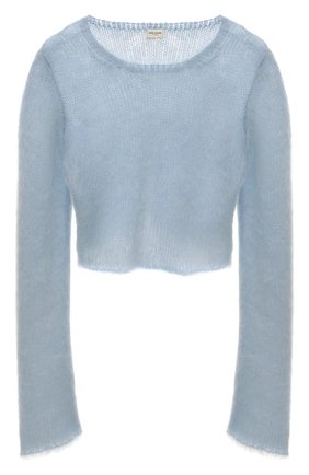 Женский пуловер SAINT LAURENT светло-голубого цвета, арт. 685071/YA2HQ | Фото 1 (Материал внешний: Шерсть; Рукава: Длинные; Женское Кросс-КТ: Пуловер-одежда; Длина (для топов): Укороченные; Стили: Романтичный)