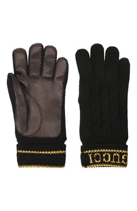 Мужские комбинированные перчатки GUCCI черного цвета, арт. 668730/4SAAX | Фото 2 (Материал: Шерсть, Текстиль; Кросс-КТ: Трикотаж)