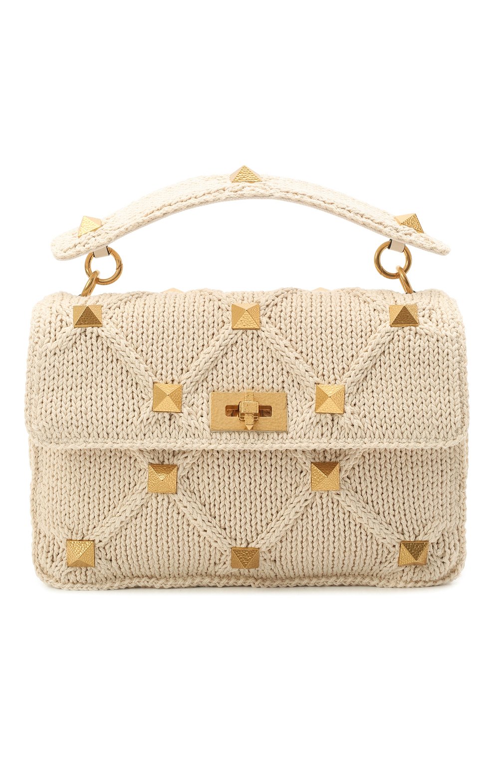 Женская сумка roman stud large VALENTINO кремвого цвета, арт. XW2B0I60/ZDA | Фото 1 (Сумки-технические: Сумки через плечо, Сумки top-handle; Ремень/цепочка: На ремешке; Материал: Текстиль; Размер: large)