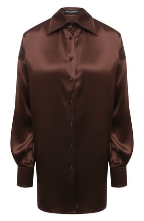 Женская шелковая рубашка DOLCE & GABBANA коричневого цвета, арт. F5P56T/FU1AU | Фото 1 (Рукава: Длинные; Длина (для топов): Удлиненные; Материал внешний: Шелк; Стили: Романтичный; Принт: Без принта; Женское Кросс-КТ: Рубашка-одежда)