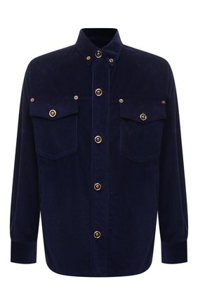 Мужская хлопковая куртка-рубашка VERSACE темно-синего цвета, арт. 1004062/1A02939 | Фото 1 (Длина (верхняя одежда): До середины бедра; Рукава: Длинные; Материал внешний: Хлопок; Кросс-КТ: Куртка, Ветровка; Стили: Кэжуэл)