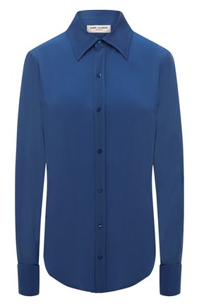 Женская шелковая рубашка SAINT LAURENT синего цвета, арт. 690774/Y100W | Фото 1 (Материал внешний: Шелк; Рукава: Длинные; Принт: Без принта; Женское Кросс-КТ: Рубашка-одежда; Длина (для топов): Стандартные; Стили: Классический, Кэжуэл)