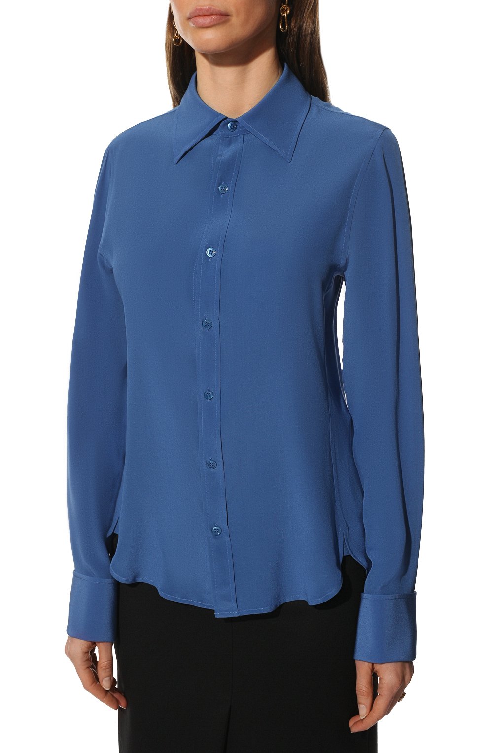 Женская шелковая рубашка SAINT LAURENT синего цвета, арт. 690774/Y100W | Фото 3 (Материал внешний: Шелк; Рукава: Длинные; Принт: Без принта; Женское Кросс-КТ: Рубашка-одежда; Длина (для топов): Стандартные; Стили: Классический, Кэжуэл)