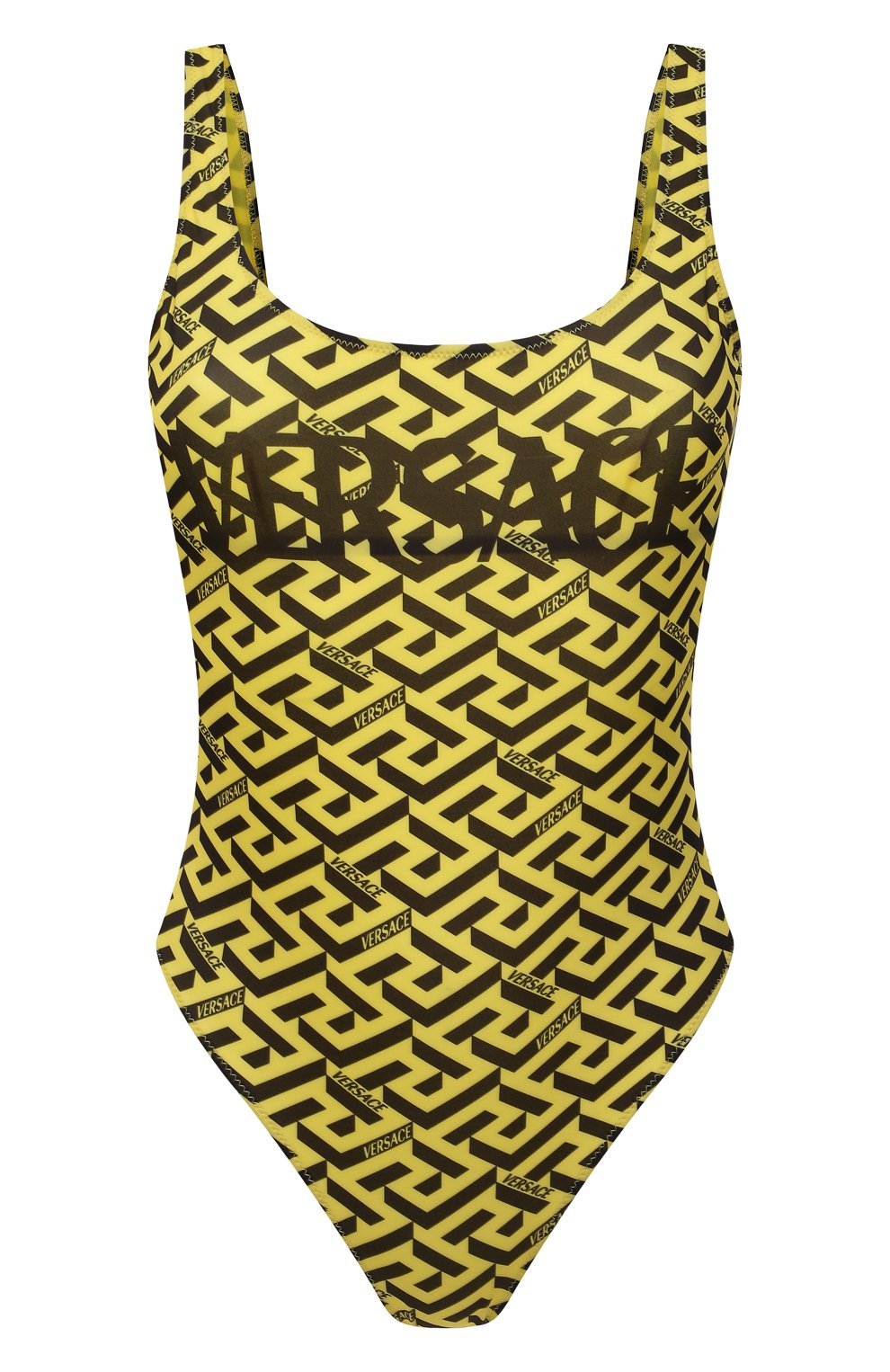 Женский слитный купальник VERSACE желтого цвета, арт. 1001408/1A01663 | Фото 1 (Длина Ж (юбки, платья, шорты): Мини; Материал внешний: Синтетический материал; Женское Кросс-КТ: Слитные купальники)