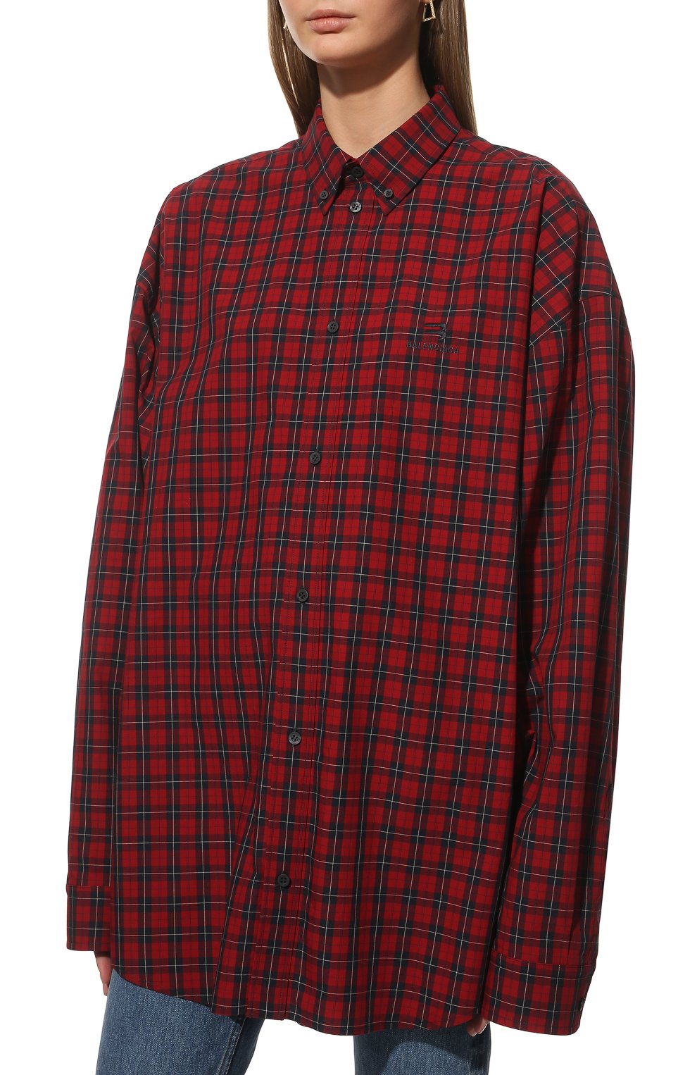 Женская хлопковая рубашка BALENCIAGA красного цвета, арт. 681004/TLM20 | Фото 3 (Принт: Клетка; Рукава: Длинные; Женское Кросс-КТ: Рубашка-одежда; Стили: Гранж; Длина (для топов): Удлиненные; Материал внешний: Хлопок)