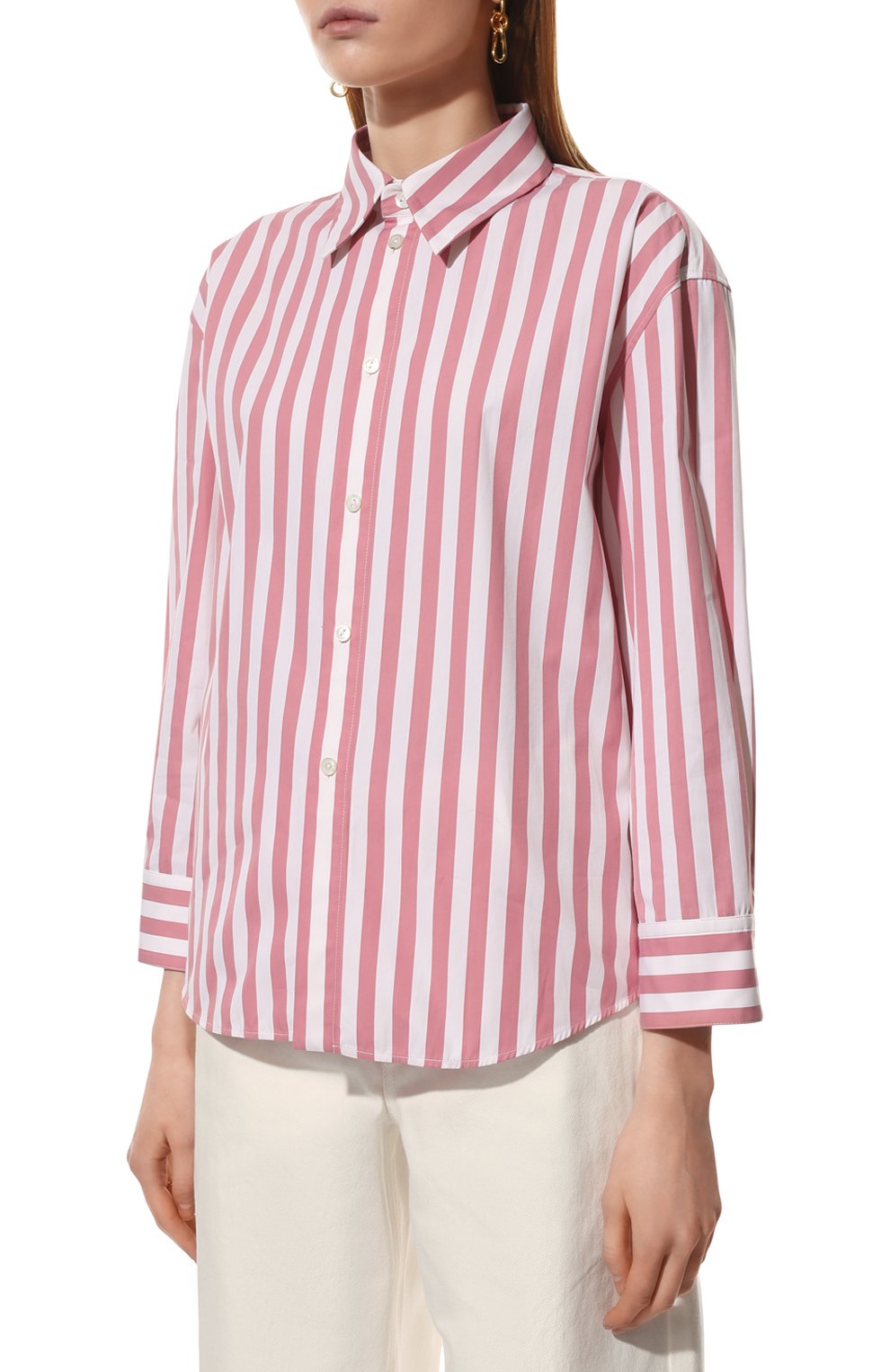 Женская хлопковая рубашка JIL SANDER светло-розового цвета, арт. JSPU600405-WU246010 | Фото 3 (Рукава: Длинные; Принт: Полоска; Женское Кросс-КТ: Рубашка-одежда; Длина (для топов): Стандартные; Материал внешний: Хлопок; Стили: Минимализм)