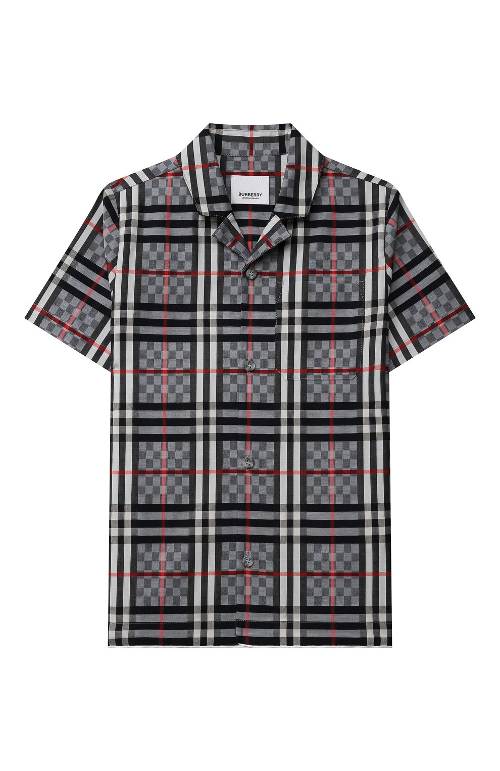Детская хлопковая рубашка BURBERRY серого цвета, арт. 8047430 | Фото 1 (Рукава: Короткие; Случай: Повседневный; Материал внешний: Хлопок)