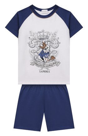Женская хлопковая пижама LA PERLA синего цвета, арт. 70392/2A-6A | Фото 1 (Материал внешний: Хлопок; Рукава: Короткие)