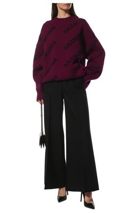 Женский шерстяной свитер BALENCIAGA фиолетового цвета, арт. 657520/T1567 | Фото 2 (Материал внешний: Шерсть; Длина (для топов): Удлиненные; Рукава: Длинные; Женское Кросс-КТ: Свитер-одежда; Стили: Спорт-шик)