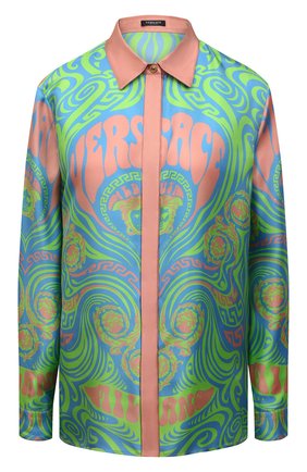 Женская шелковая рубашка VERSACE разноцветного цвета по цене 127000 руб., арт. 1001360/1A02907 | Фото 1 Женская шелковая рубашка VERSACE разноцветного цвета, арт. 1001360/1A02907 | Фото 1 (Рукава: Длинные; Длина (для топов): Стандартные; Материал внешний: Шелк; Женское Кросс-КТ: Рубашка-одежда; Принт: С принтом; Стили: Романтичный)