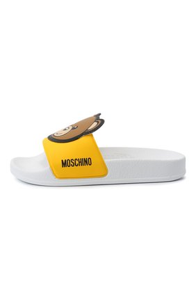 Детский шлепанцы MOSCHINO желтого цвета по цене 12550 руб., арт. 70266/PVC/29-35 | Фото 2 Детский шлепанцы MOSCHINO желтого цвета, арт. 70266/PVC/29-35 | Фото 2 (Материал внутренний: Текстиль; Материал внешний: Резина, Пластик; ширина носка стельки: 7,5; Длина стельки: 19; толщина подошвы: 2,1)