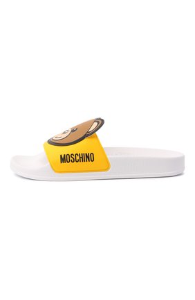 Детский шлепанцы MOSCHINO желтого цвета по цене 13850 руб., арт. 70266/PVC/36-41 | Фото 2 Детский шлепанцы MOSCHINO желтого цвета, арт. 70266/PVC/36-41 | Фото 2 (Материал внутренний: Текстиль; Материал внешний: Резина, Пластик; Длина стельки: 23,8; ширина носка стельки: 8,6; толщина подошвы: 2,4)