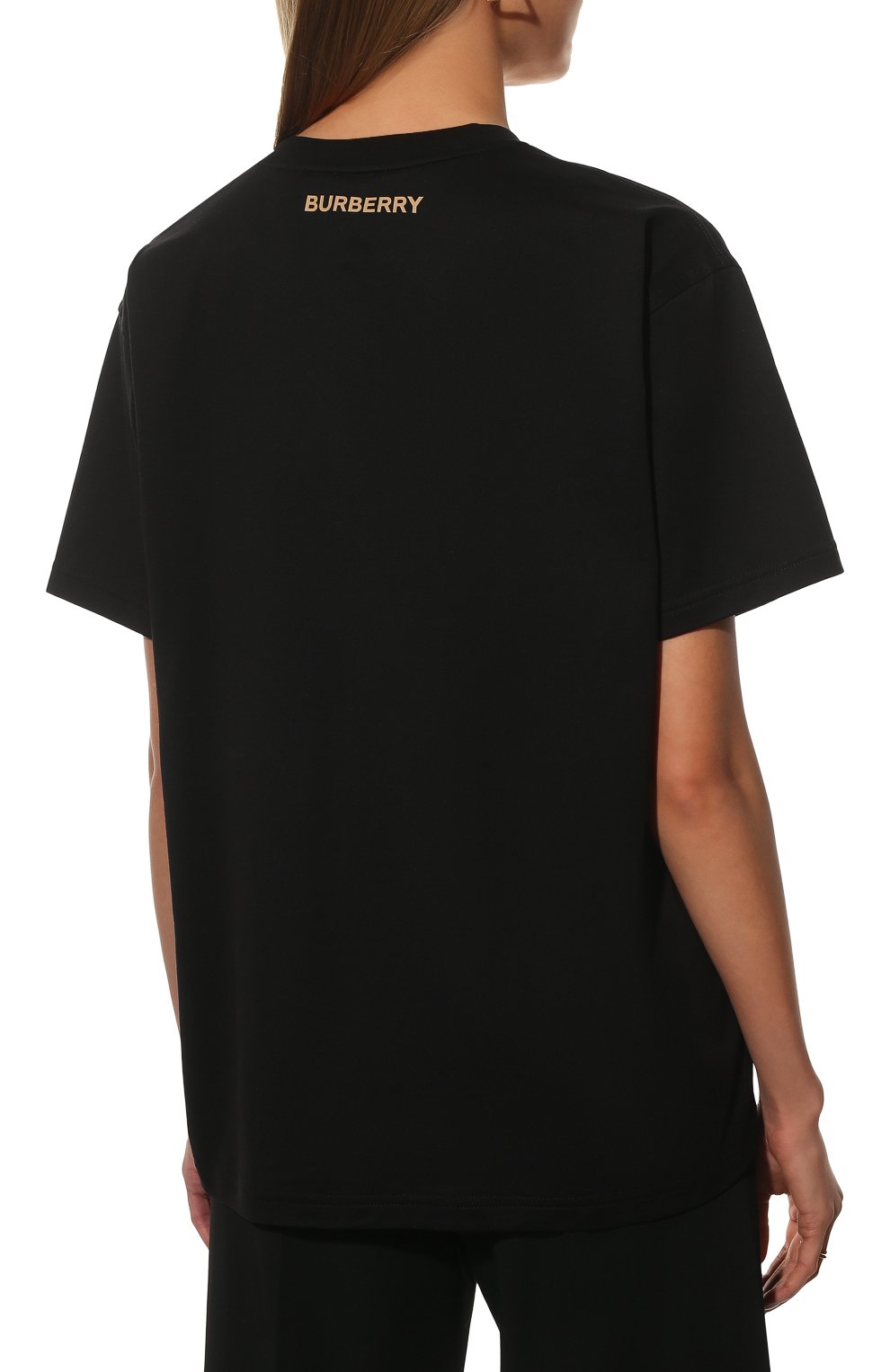 Женская хлопковая футболка BURBERRY черного цвета, арт. 8049461 | Фото 4 (Рукава: Короткие; Длина (для топов): Стандартные; Принт: С принтом; Материал внешний: Хлопок; Стили: Спорт-шик; Женское Кросс-КТ: Футболка-одежда)